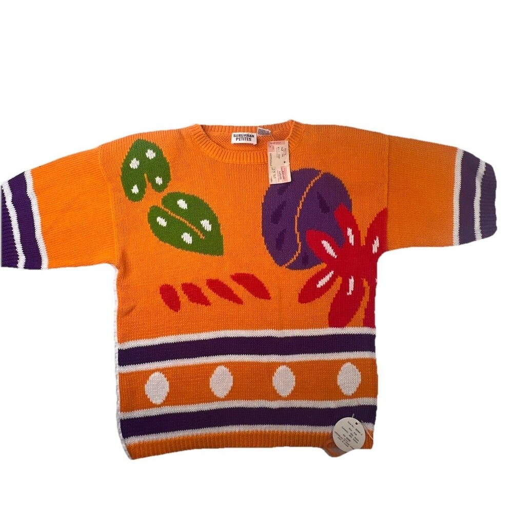 Suburban Petites Sz PM Short Sleeve Sweater Women's NWT Colorful 90’s 80’s NOS